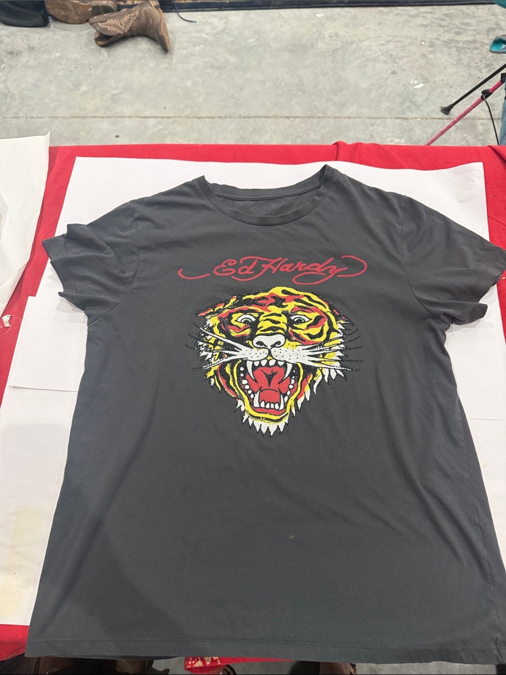 Ed Hardy Charcoal Tee with Red and Yellow Tiger Graphic